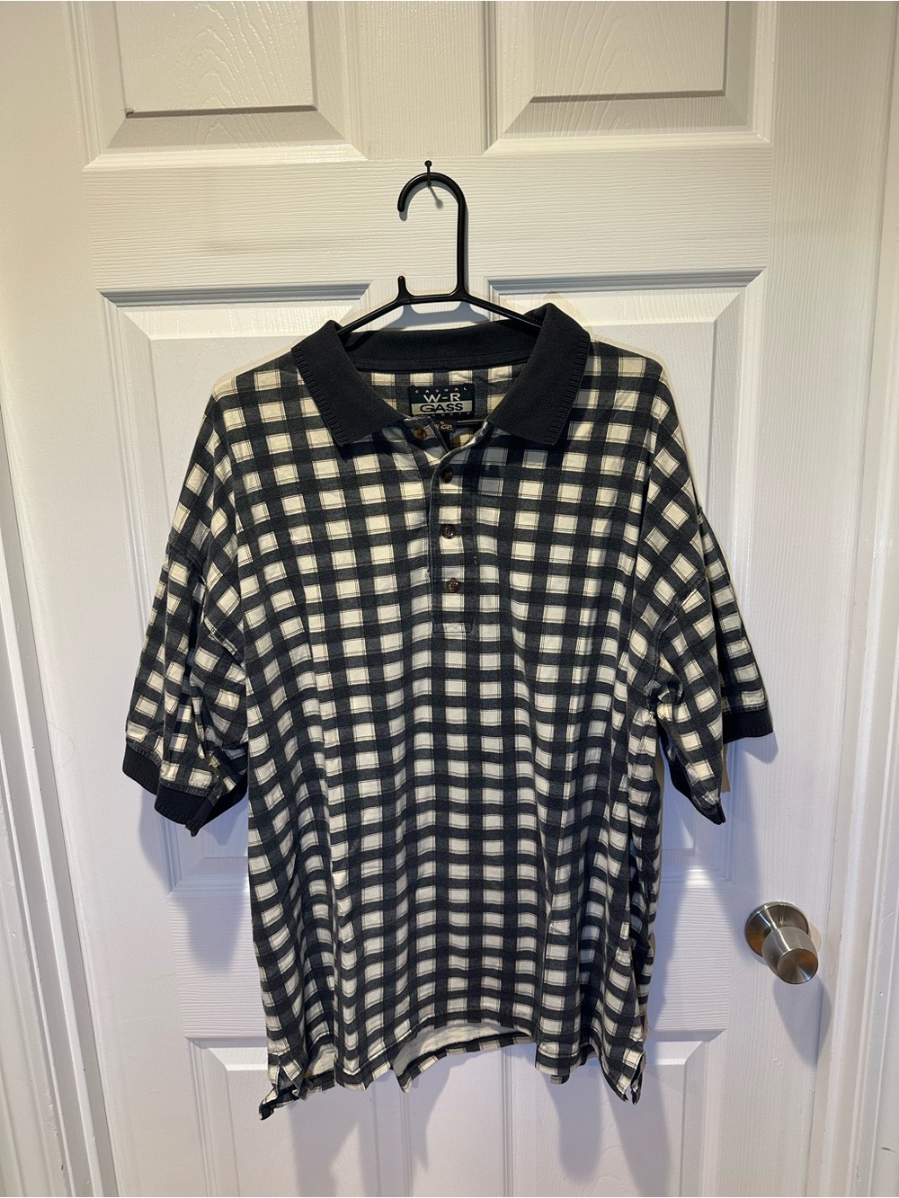 Vintage 90s W-R Gass Plaid Grid Check Knit Polo Shirt Blue White Mens XL